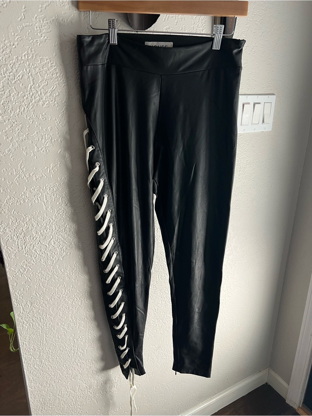 MONSE Black Faux Leather Leggings with White Lace-Up Side